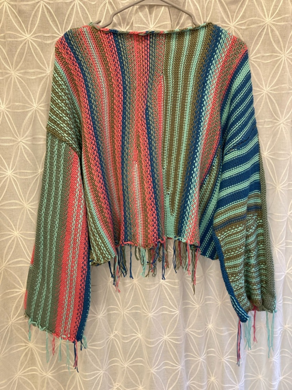 Elan Striped Fringe Knit Sweater in Teal, Coral & Olive - Picture 8 of 8